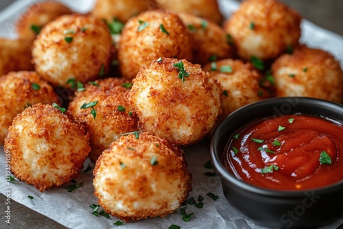 Golden crispy fried snack bites on a white surface accompanied by a small bowl of savory dipping sauce Garnished with green herbs