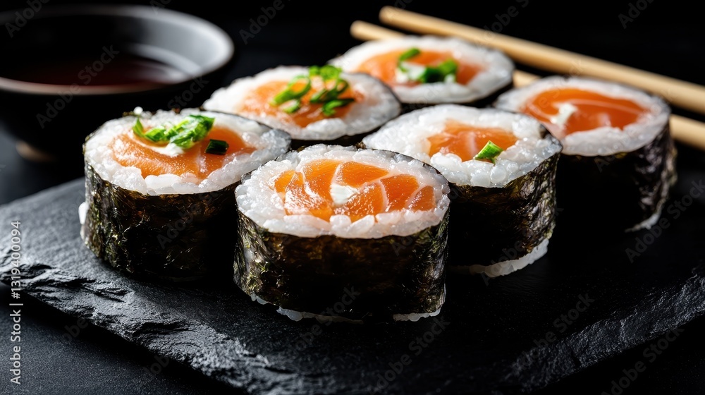 Indulge in this appealing image of fresh sushi rolls presented on a slate board, offering a perfect blend of flavors and artistry that’s inviting and delicious. Indulge in this appealing image of fresh sushi rolls presented on a slate board, offering a perfect blend of flavors and artistry that’s inviting and delicious.