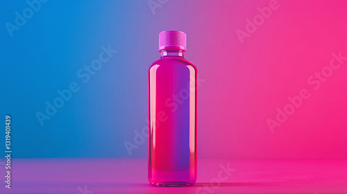 A brightly colored translucent bottle with a pink cap, standing against a vibrant blue and pink gradient backdrop, casting a gentle shadow on the surface.