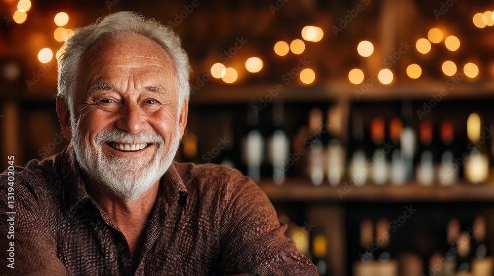 A warm, smiling man poses in a rustic wine bar filled with bottles, projecting an atmosphere of connection, joy, and the enjoyment of fine wine together with friends. A warm, smiling man poses in a rustic wine bar filled with bottles, projecting an atmosphere of connection, joy, and the enjoyment of fine wine together with friends.
