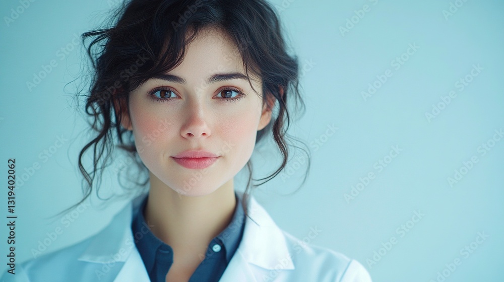 A woman with a white lab coat and dark hair A woman with a white lab coat and dark hair