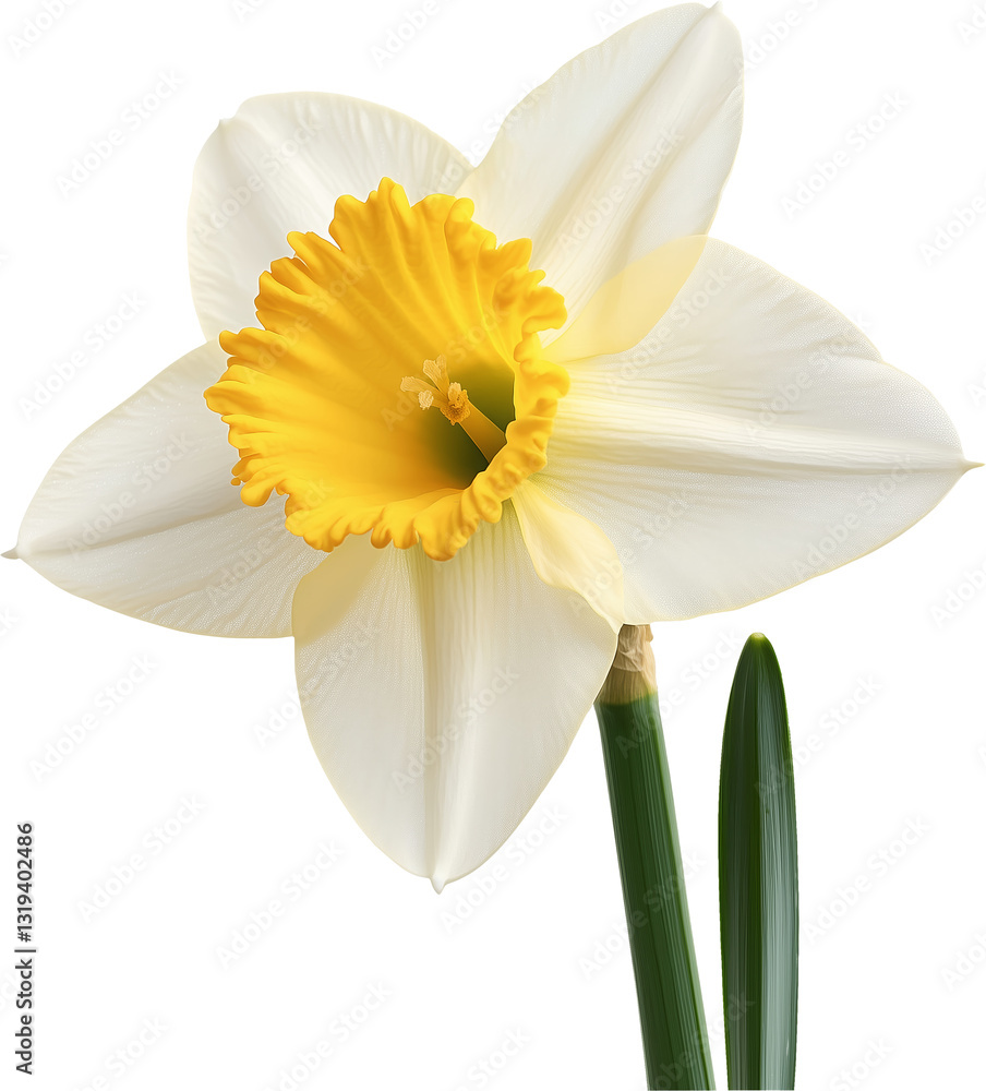 Fototapeta premium Elegant white daffodil with a golden-yellow trumpet, botanical floral illustration, isolated transparent PNG, delicate petals with soft texture.