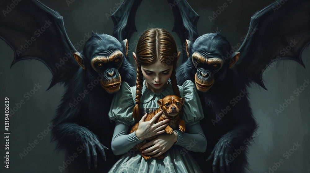 Obraz premium Dorothy with Her Dog Toto Surrounded by Flying Monkeys in the Magical Land of Oz