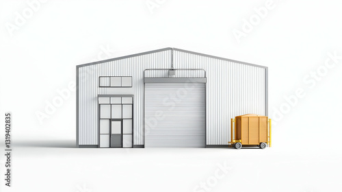 White Industrial Warehouse Building With Large Loading Door and a Yellow Forklift Carrying Cargo on a Bright White Background in 3D Rendering