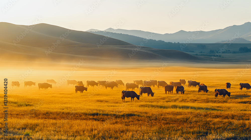 Obraz premium A rural herd of cows grazing on a grassy field beneath a vast sky