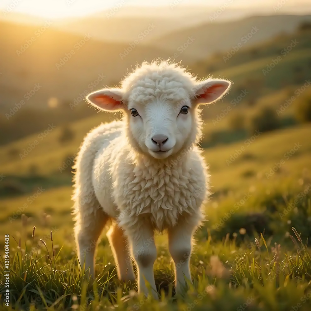 Obraz premium Cute Lamb Standing in Field at Golden Hour with Rolling Hills
