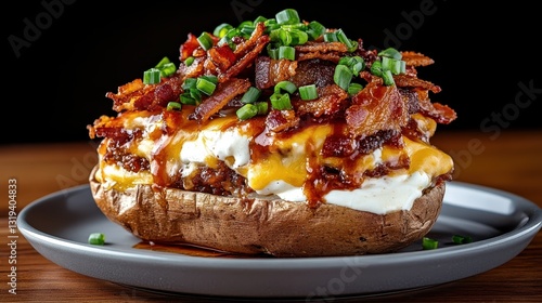An enticing loaded baked potato with layers of crispy bacon, creamy cheese, and fresh green onions, offering a satisfying blend of flavors for any occasion or meal.