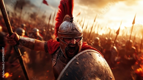 Wallpaper Mural A powerful Spartan warrior leads a charge, displaying raw emotion and strength amidst a chaotic battlefield, surrounded by fellow soldiers in a fight for glory. Torontodigital.ca