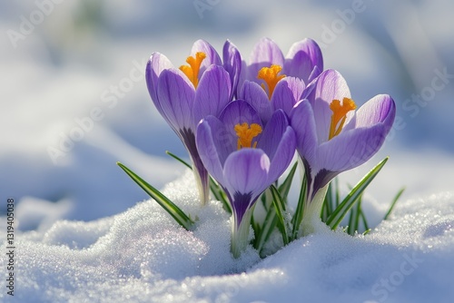 Vibrant Spring Crocuses Poking Through Snow, Highlighting Purple Hues Against a White Winter Background