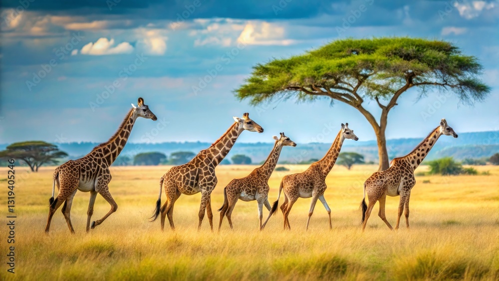 Obraz premium A majestic group of giraffes gracefully strides across the golden savanna under a sprawling acacia tree, bathed in the warm light of the setting sun.