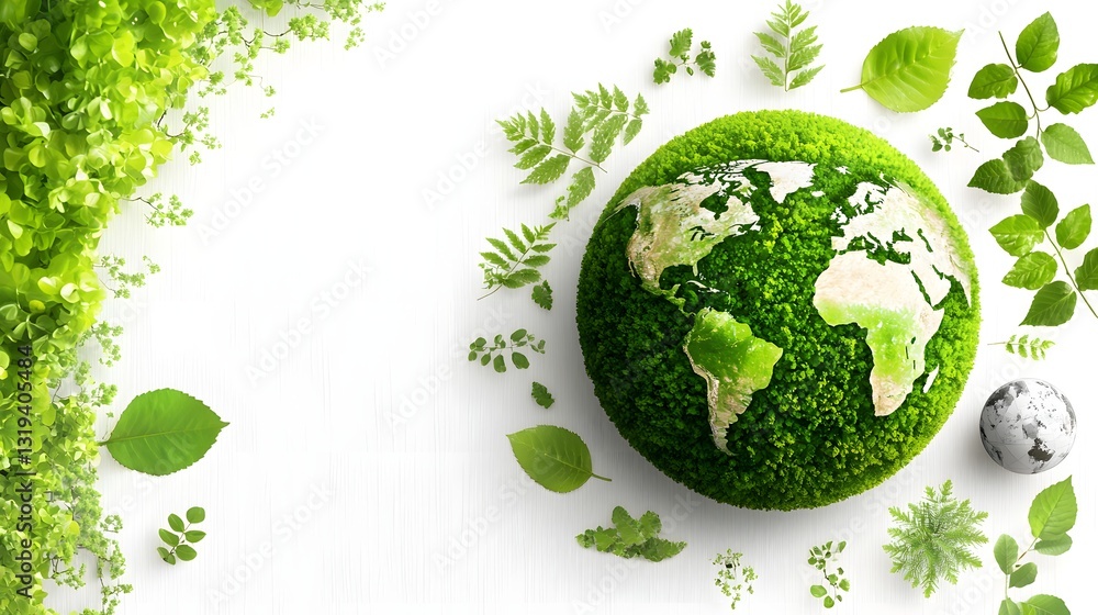 Green Earth Globe Surrounded By Leaves And Nature Elements Representing Sustainability Green Earth Globe Surrounded By Leaves And Nature Elements Representing Sustainability