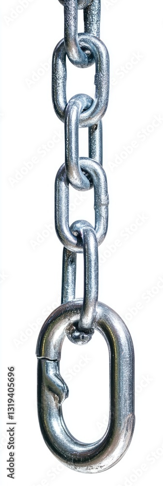 Shiny Steel Chain and Hook Isolated on White Background - Durable Lifting Device with Scratched Texture and Interconnected Links Shiny Steel Chain and Hook Isolated on White Background - Durable Lifting Device with Scratched Texture and Interconnected Links