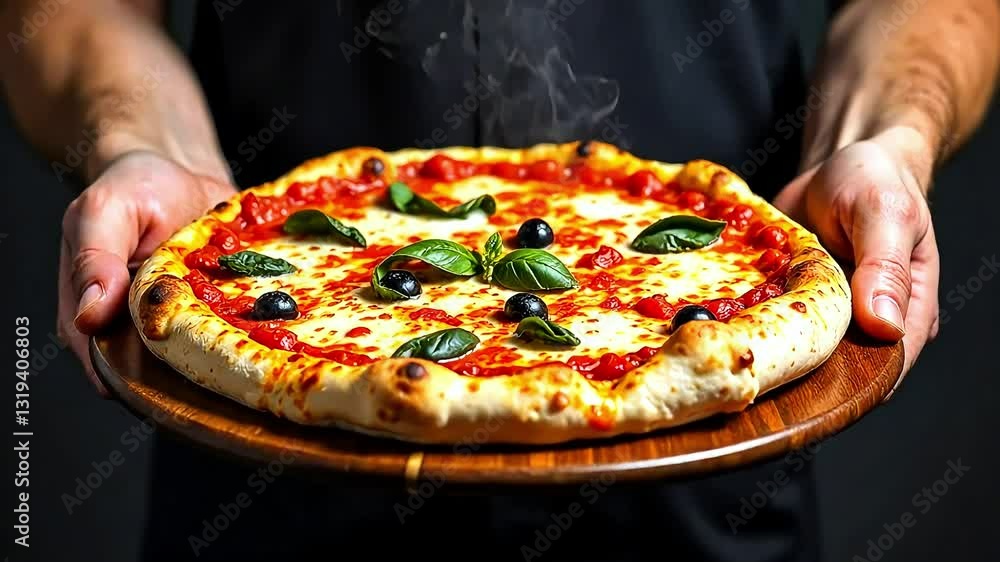 Hot delicious pizza margherita with mozzarella and crispy crust close-up, on wooden tray in hands of cook or waiter, restaurant menu, steam, fast food concept Hot delicious pizza margherita with mozzarella and crispy crust close-up, on wooden tray in hands of cook or waiter, restaurant menu, steam, fast food concept