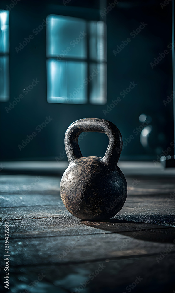Fototapeta premium A weathered kettlebell in a dimly lit gym showcases dedication and strength training.