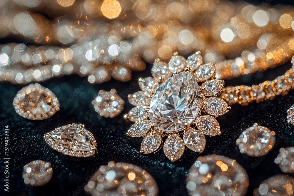 Close up photograph showcasing multiple expensive diamond jewelry pieces Close up photograph showcasing multiple expensive diamond jewelry pieces