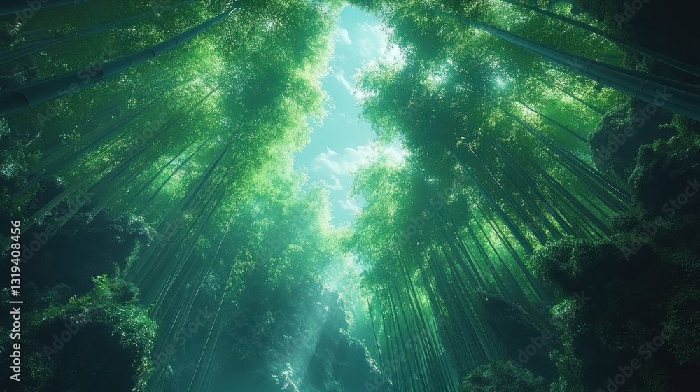 Obraz premium Lush bamboo forest, looking up