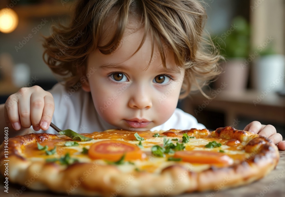 Toddler Eating Pizza with Utensil Toddler Eating Pizza with Utensil