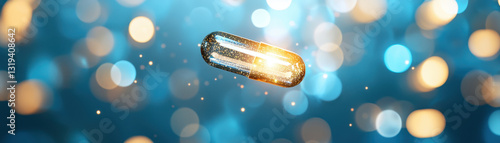 Floating selenium capsule surrounded by shimmering light and bokeh effects