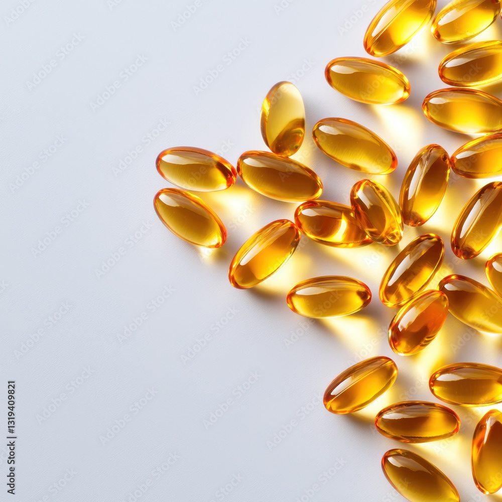 Vitamin softgels scattered on light background, showcasing their shine and color Vitamin softgels scattered on light background, showcasing their shine and color