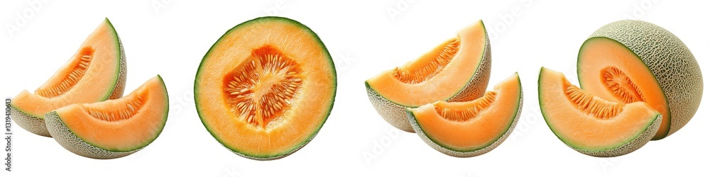 Collection of Fresh Ripe Cantaloupe Slices Showing Juicy Orange Flesh and Seeds on a Transparent Background Collection of Fresh Ripe Cantaloupe Slices Showing Juicy Orange Flesh and Seeds on a Transparent Background