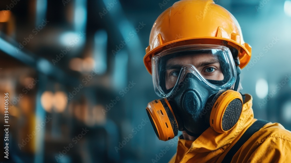 A close-up of a determined male worker in a helmet and gas mask, suggesting vigilance and concentration in a complex work environment. A close-up of a determined male worker in a helmet and gas mask, suggesting vigilance and concentration in a complex work environment.
