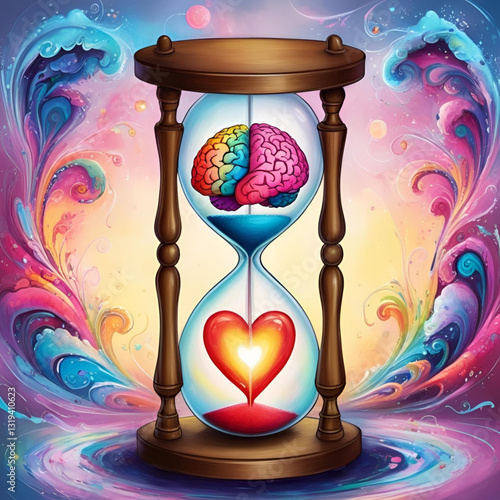 Reloj de arena con cerebro en la parte superior y corazón en la inferior, simbolismo del tiempo y la conexión entre razón y emoción
