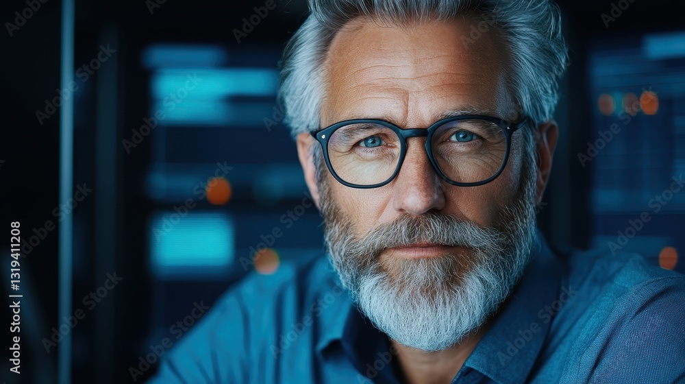 The image features a confident elderly man with glasses, sitting in an office setting, reflecting wisdom and experience in a modern digital environment. The image features a confident elderly man with glasses, sitting in an office setting, reflecting wisdom and experience in a modern digital environment.