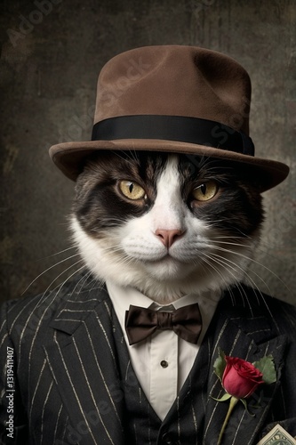 Mafia Whiskers: A Tuxedo Cat Who Ruled the City with Power, portrait, vintage, mafia, 1920, clothing, mob boss, al capone, fashion, tuxedo, fedora