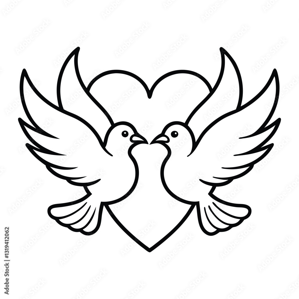 Obraz premium Hand-Drawn Doves and Heart Symbolizing Love and Unity in Line Art