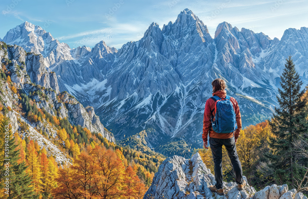 Fototapeta premium Hiker standing on rocky cliff overlooking snow mountains and colorful autumn forest under blue sky