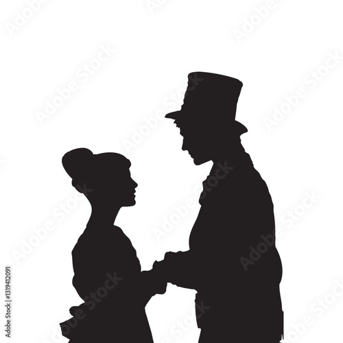 Silhouettes of a young Victorian couple with a woman sitting on an armchair holding a fan and a man with a top hat and walking stick