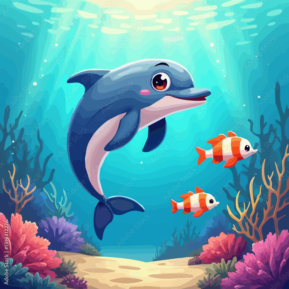 Obraz premium Vector drawing of cartoon dolphin and tropical fish under water at coral reef. Underwater world of ocean. Algae, corals and sea anemones on seabed. Illustration for children notepad.