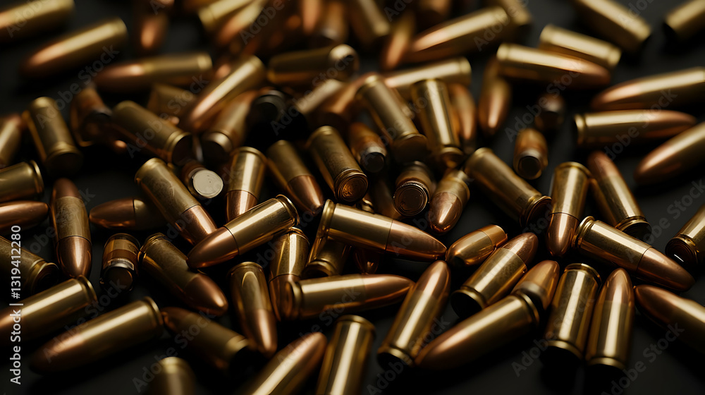 Close Up Of Numerous Brass And Copper Bullets Scattered On A Dark Surface Under Dramatic Lighting Close Up Of Numerous Brass And Copper Bullets Scattered On A Dark Surface Under Dramatic Lighting