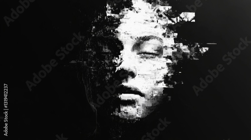 A haunting human face formed entirely from black and white pixels, creating a pixelated, eerie effect that gives the appearance of a distorted, unsettling expression.
