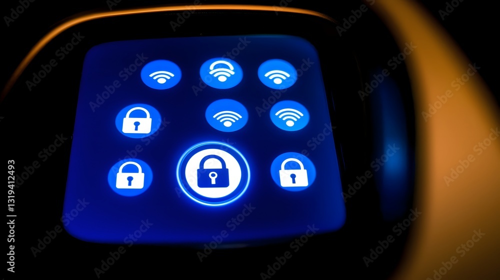 Digital Control Interface Displaying Security Icons on a Modern Technology Screen Digital Control Interface Displaying Security Icons on a Modern Technology Screen