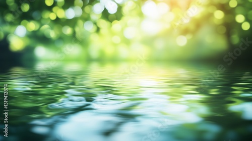 Abstract blurred background of nature with green trees and water reflection.