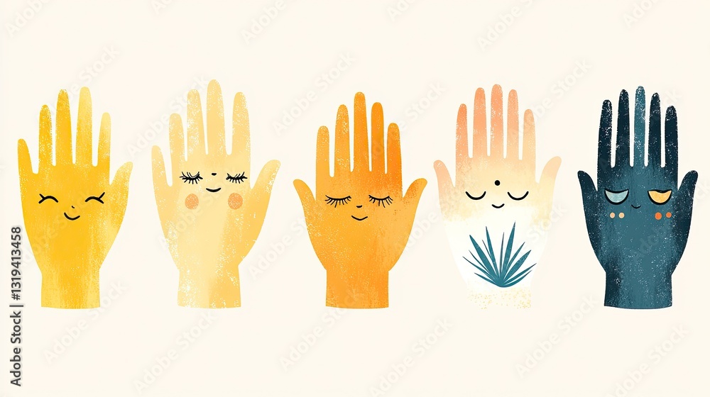 Five cartoon hands showing different skin colors and emotions. Ai generated