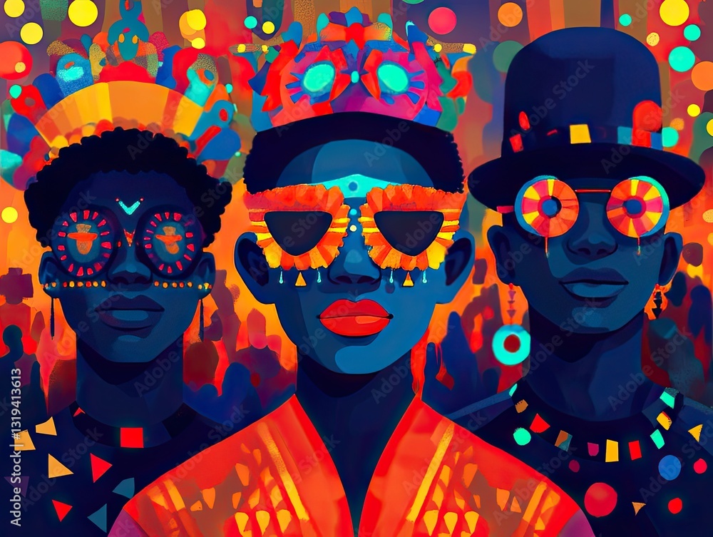 People celebrating a vibrant festival with colorful costumes and accessories. Ai generated