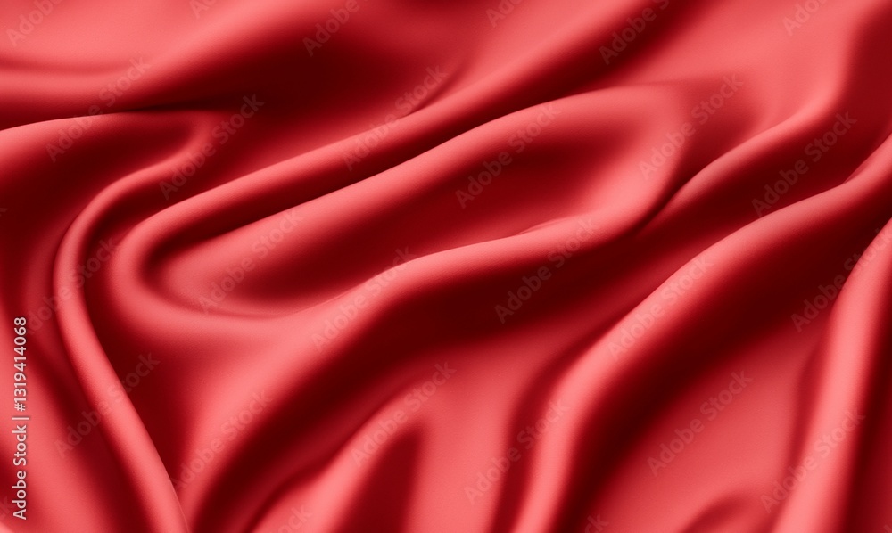 Red silk satin background. Soft wavy folds on the fabric. Wedding, anniversary, valentine, love, tender, celebration, card. Beautiful abstract red background with copy space for your design.