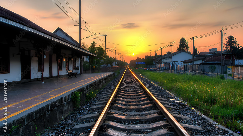 Golden Sunset Over Railroad Tracks Leading to Horizon in Rural Landscape Golden Sunset Over Railroad Tracks Leading to Horizon in Rural Landscape