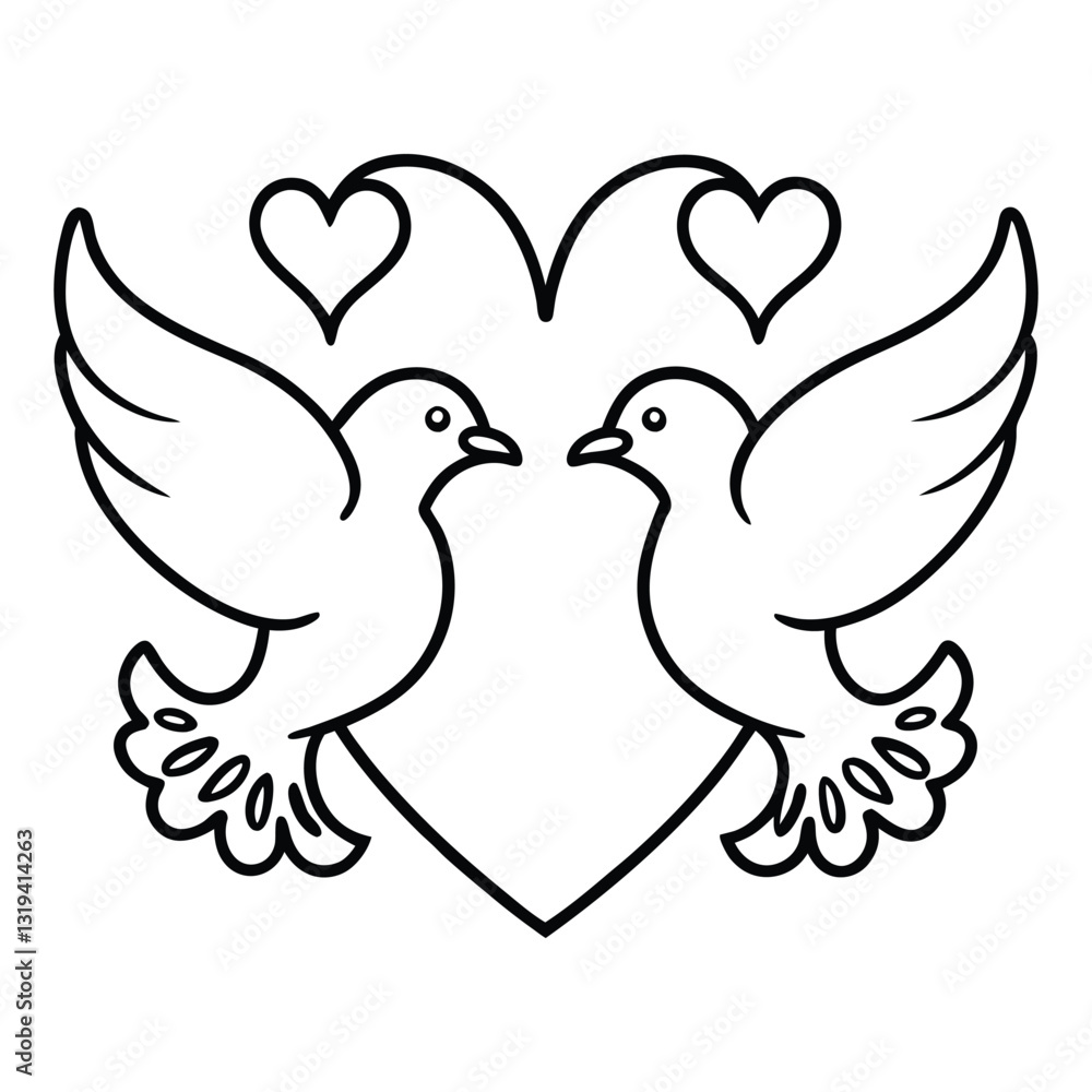 Hand-Drawn Doves and Heart Symbolizing Love and Unity in Line Art Hand-Drawn Doves and Heart Symbolizing Love and Unity in Line Art