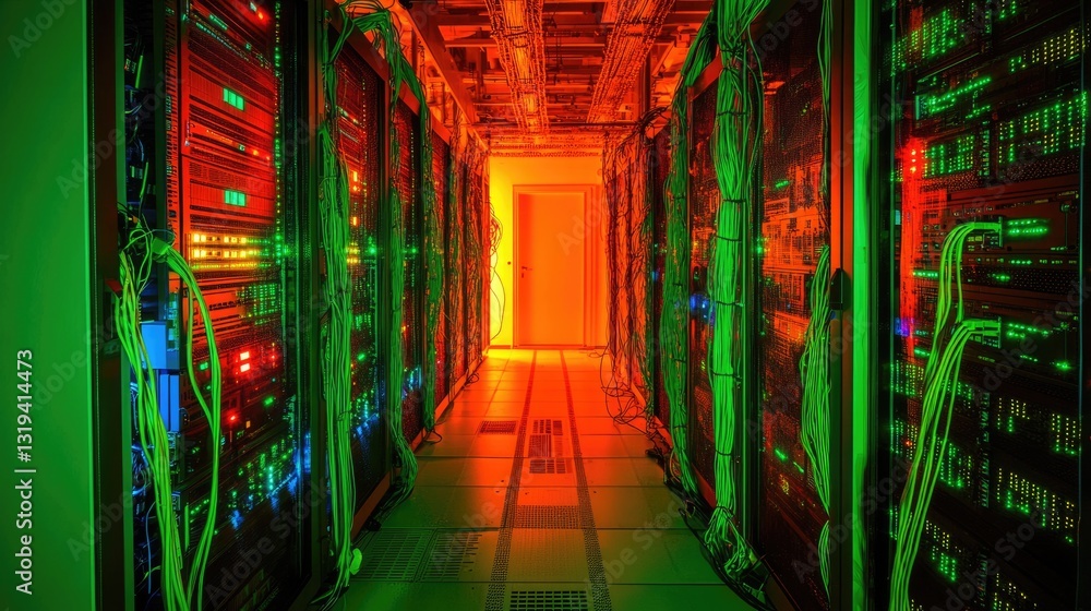 Illuminated Datacenter Corridor. End Doorway Framed by Cables and Green Accents from Racks Illuminated Datacenter Corridor. End Doorway Framed by Cables and Green Accents from Racks