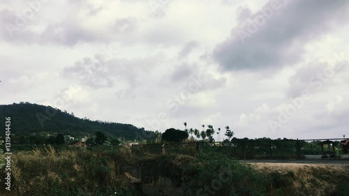 The plane lands at the airport of a tropical island