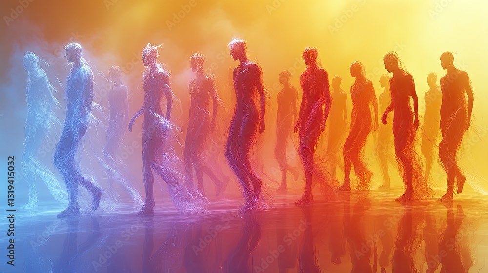 People walking forward in abstract colorful mind space visualization. Ai generated
