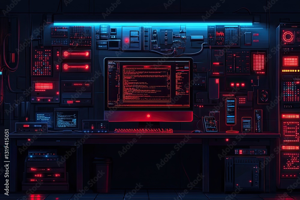 Futuristic hacker room showing computer with red code on screen. Ai generated