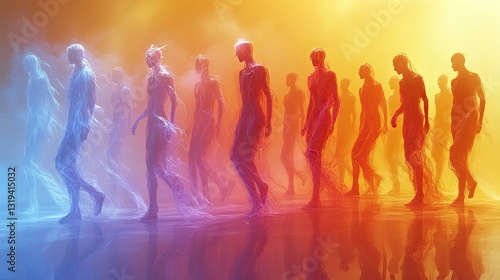 Obraz na płótnie People walking forward in abstract colorful mind space visualization. Ai generated w salonie