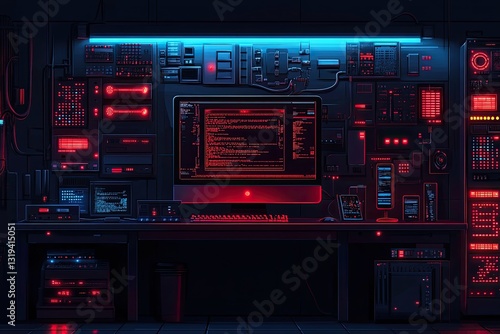 Obraz na płótnie Futuristic hacker room showing computer with red code on screen. Ai generated w salonie