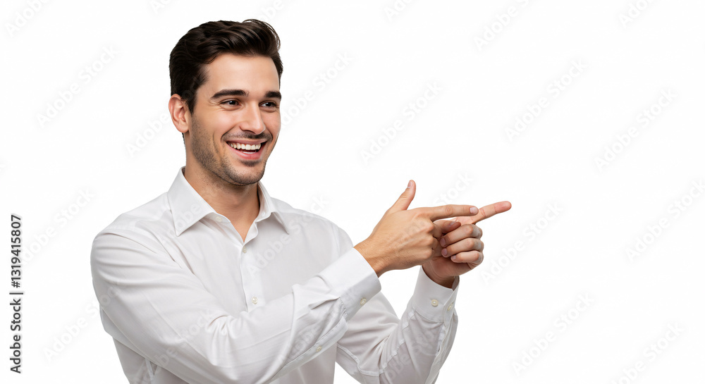 Smiling Businessman Pointing in White Shirt Against White Background Smiling Businessman Pointing in White Shirt Against White Background