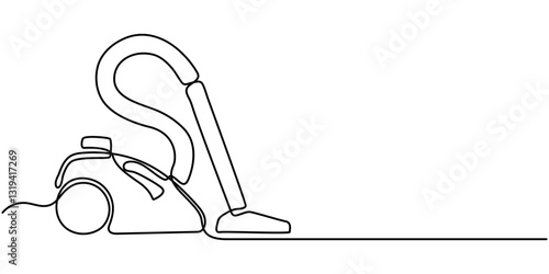 Vacuum cleaner continuous line drawing. One line art of home appliance, cleaning, apartment cleaning, smart technology, hoover, continuous one line drawing, vacuum cleaner drawing by one continuous. 