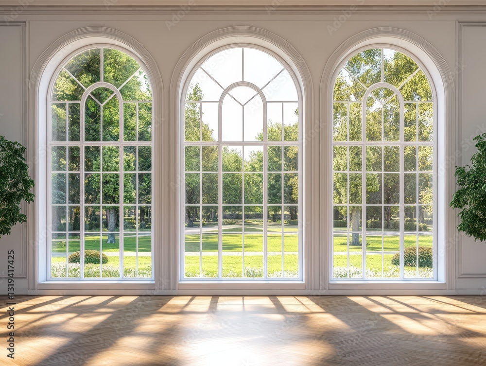 Fototapeta premium Bright and Spacious Interior with Large Arched Windows Overlooking a Lush Green Park in Daylight, Perfect for Modern Design and Nature Lovers
